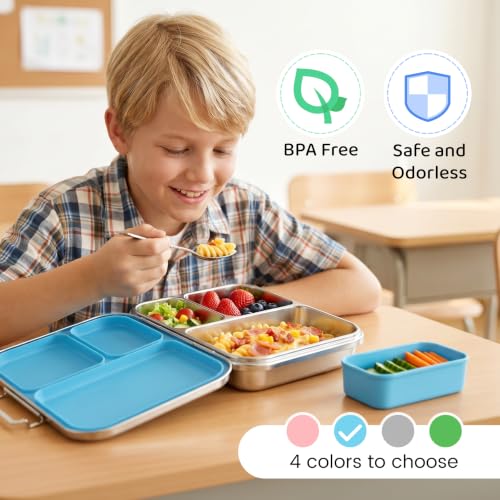 Pawtong Stainless Steel Bento Box for Kids and Adults, 3 Compartment Leakproof Lunch Box with Removable Silicone Seal and Silicone Contianer, Metal Lunch Container for School, Work and Travel (Blue) Blue