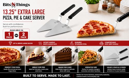 Pizza, Pie & Cake Server 13.25 Inch Extra Large | Stainless Steel Offset Pizza Server | Serving Pizza, Cake, Pie, Quiche & Desserts | 2 Pack | Bits N Things 13.25" - 2 Pack