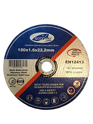 Goodway Professional Cutting Discs │ Pack of 10 │ Diameter 180 mm x 1.6 mm │ Stainless Steel Cutting Discs for Flex & Angle Grinder │ Cutting Discs for Stainless Steel & Metal
