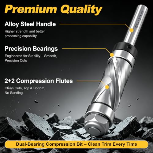 REKCKRUL pattern flush trim router bit with 1/4-inch shank and top and bottom bearings, 1/2-inch cutting diameter