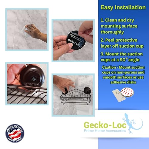 Gecko-Loc Corner Bathroom Shower Caddy shelf organizer suction cup wall storage basket - bath kitchen shampoo accessories shelves organizers caddies - Black