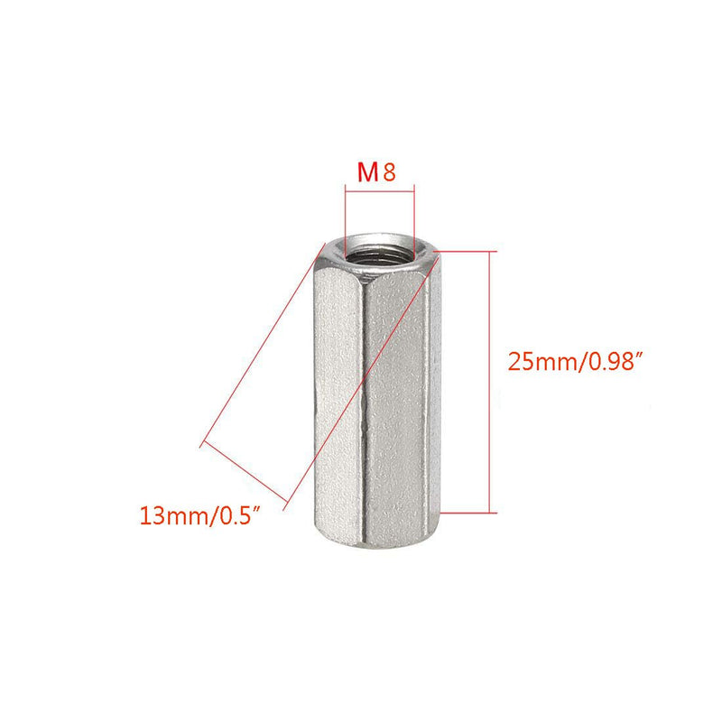 [Australia - AusPower] - 5PCS M8 X 1.25-Pitch 25mm Length 304 Stainless Steel Metric Hex Coupling Nut 