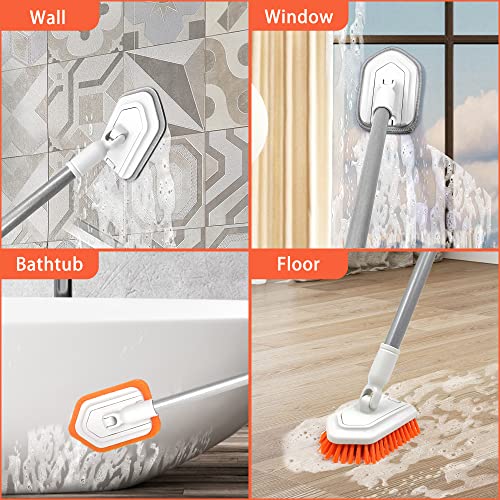 JEHONN 4-in-1 Bathroom Tile Tub Scrubber with Long Handle, Upgraded Shower Cleaning Brush, 4 Different Function Scrub Brush Attachments Head for Bath, Bathtub, Floor, Wall, Baseboard Tub & Tile Scrubber (4-in-1)