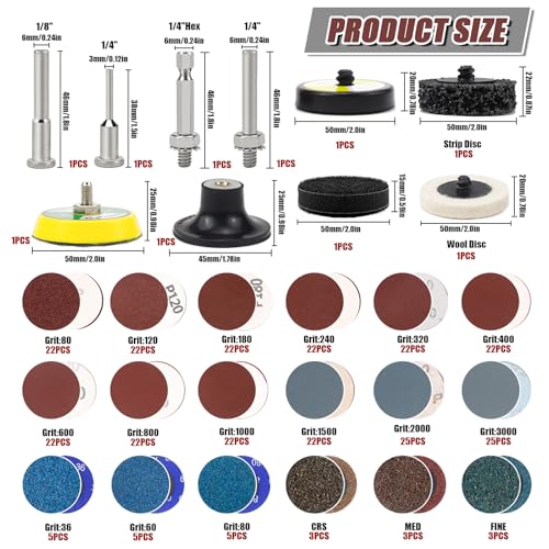 Sanding Discs Set of 300 50 mm | For drills and sanders with 3 mm and 6 mm including 2 inch roll lock sandpaper in 36-3000 grit (A) a