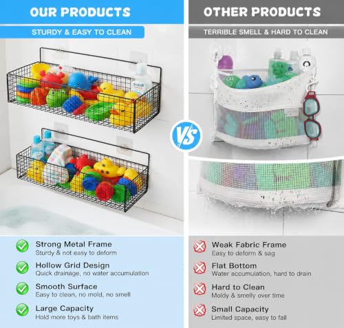 2 Pack Bath Toy Storage Organizer, Large Rustproof Metal Mesh Baskets for Bathtub & Shower, Hanging Bathroom Toy Holder and Shower Caddy for Baby, Toddler & Kids, Black