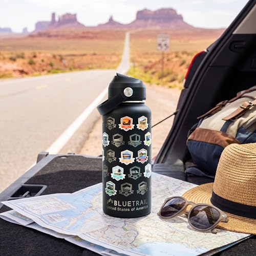 BlueTrail 50 States Water Bottle with Stickers - 32 oz Insulated Stainless Steel, Upgraded Leak-Proof Lid, UV & Waterproof Permanent Stickers, Laser Engraved 50 States of the USA (Black) Black