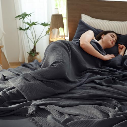 MooMee 100% Cotton Muslin Blanket, Fringed 4-Layer Gauze Bed Couch Throw Dark Grey