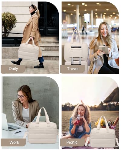 Lunch Tote Bag for Women Work, 15.6 Inch Laptop Purse with Insulated Lunch Compartment Coin Wallet for Meal, Large Puffy Quilted Travel Duffle Bag Medium-15.4" Beige