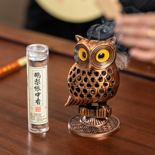 Owl Incense Burner, Metal Backflow & Cone Holder, Brass，4.7 inch