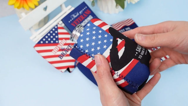 Tenceur 48 Pcs Military Veteran Gifts Patriotic Gift American Flag Bottle Cooler Sleeves Collapsible Insulator Reusable Can Bottle for Veterans Day Memorial Day, 12 oz