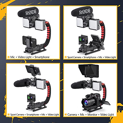 Zeadio Handheld Camera Stabilizer, U-Shaped Video Rig Handle Grip with 3 Cold Shoe Mounts & 1/4'' Screw, Compatible with DSLR Camcorder Action Camera Smartphone etc