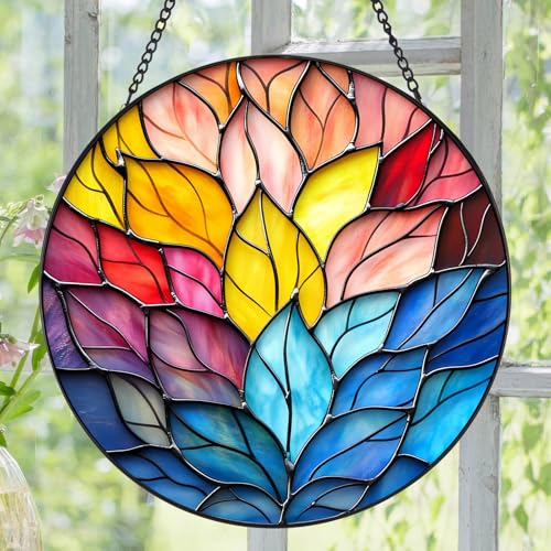 Stained Glass Lotus Suncatcher - 7.9" Real Glass Rainbow Leaf Window Hanging, Weatherproof Boho Zen Decor, Chakra Healing Yoga Meditation Gift for Mom Women Spiritual Friends Ivory