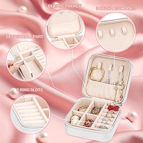 Leezmark 8 Pcs Jewelry Travel Case, Bridesmaid Gifts Set Of 8, Velvet Portable Jewelry Travel Organizer Small Bridesmaid Proposal Gifts Box Mini Storage Organizer Box, Beige-white White