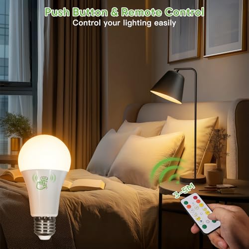 Kimjo 7W E27 Rechargeable Bulb with Battery, 3 Colors, Pack of 2 | Rechargeable Light Bulb with Remote Control, Camping Lamp, Battery Lamp with Hook, USB, Dimmable, Button Control, Outdoor Emergency Light