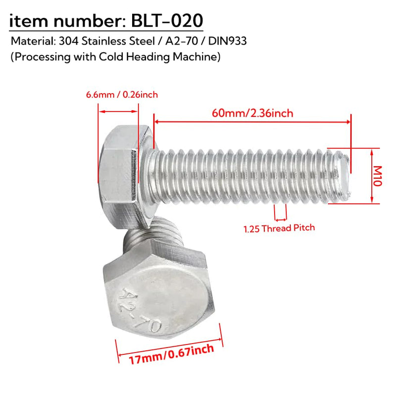 5pcs M10 x 60mm stainless steel 304 hex head cap screws, 1.25mm thread pitch by MARO MEGASTORE