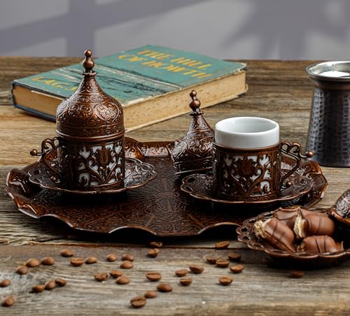 DEMMEX 2024 Turkish Greek Arabic Coffee Serving Set with Cups, Saucers, Cup Holders, Lids, Sugar Bowl & Lid and Tray, 11 Pcs (Antique), Medium Antique Brass
