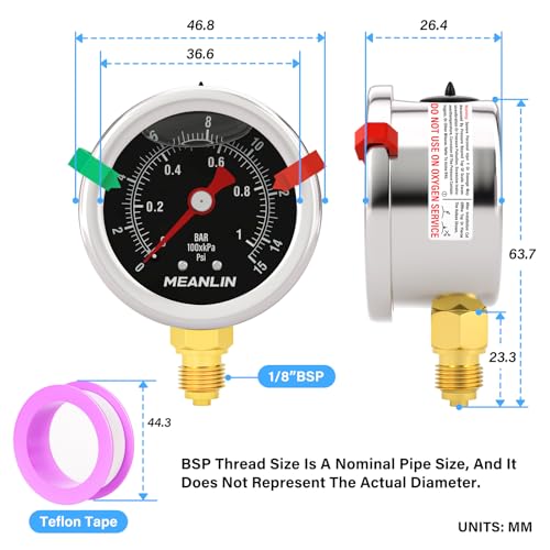 MEANLIN MEASURE 0~1Bar/0~15Psi Black Pressure Gauge 1/8 Inch BSP 1.5 Inch Dial, Stainless Steel Liquid Pressure Gauge, Lower Mount, WOG Water Oil Air (with 2 Push Buttons) Bottom Mounted (Black)