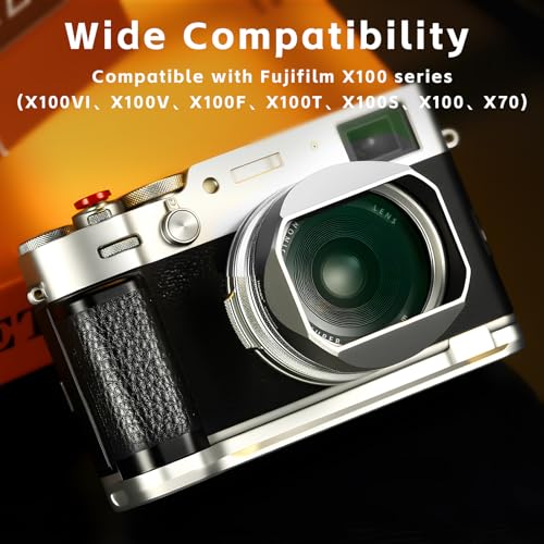 Haoge Square Metal Lens Hood for Fujifilm X100VI Fuji X100V X100F X100T X100S X70 Camera Silver with 49mm UV Filter Adapter Ring LH-XVI100S