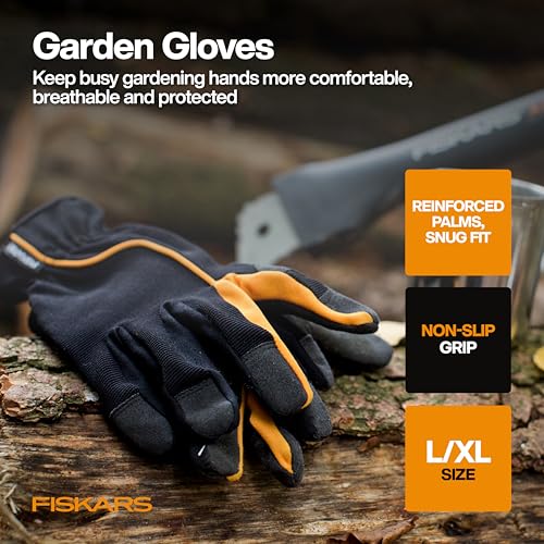 Fiskars 4-piece houseplant tool set with pruning shears, trowel, cultivator, and L/XL gardening gloves