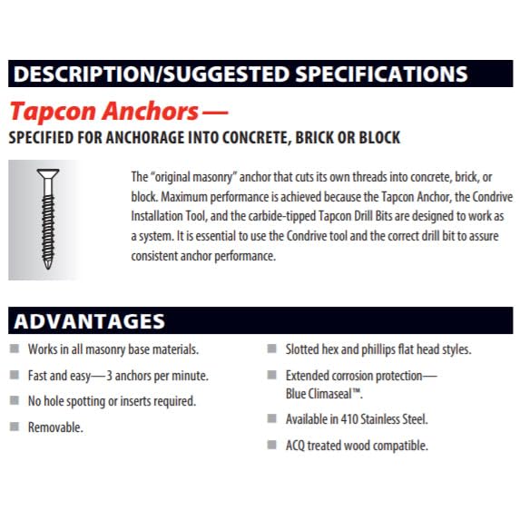 [Australia - AusPower] - Tapcon 3/16" x 2-3/4" Star Torx Head Concrete Anchor Screws 3175407V2 | 100 Pack | Drill Bit Included 