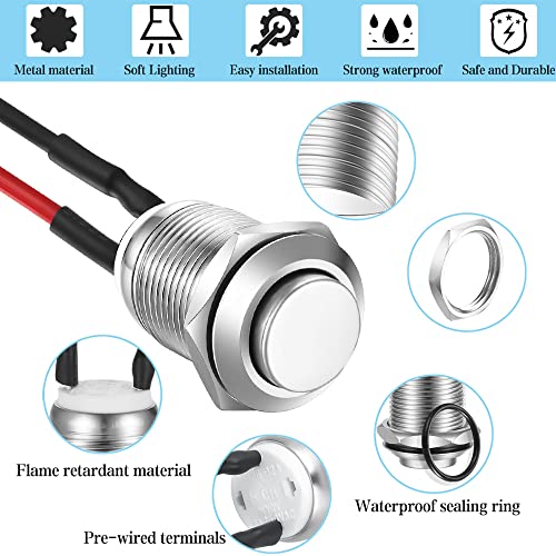 Gebildet 3 x Waterproof Push Button Locking Push Button Stainless Steel Button On Off 12 mm 2A/12V/24V/125V/250V with Wire (Protruding) 12mm Silver Protruding Head