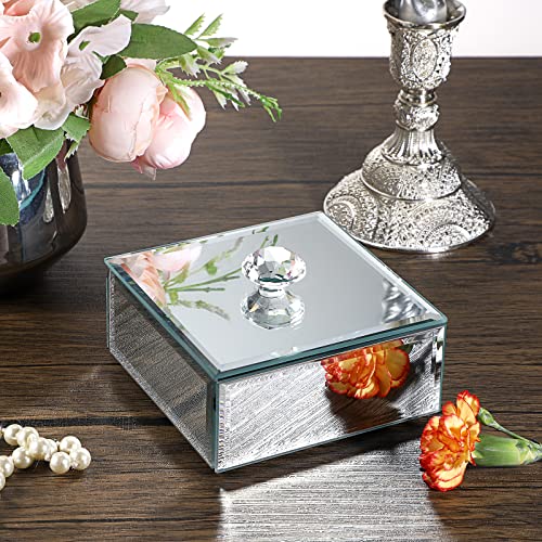 Hipiwe Silver Glass Mirrored Jewelry Box with Crystal Handle Square Trinket Organizer Treasure Chest Case Classic Keepsake Box for Storage Rings Earrings Necklace Bracele (Small, Silver) (Pack of 2) Small (Pack of 2)