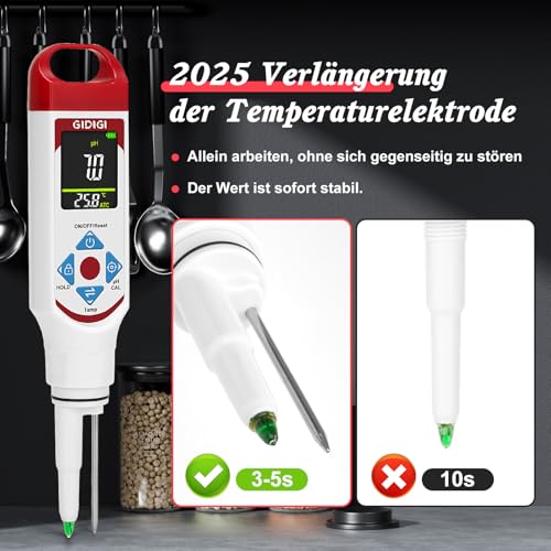pH Meter for Food Fermentation with pH Calibration Kits, Color Display, Spear Tip, pH Food Tester with ATC for Cosmetics, Sourdough, Professional pH Test Strips