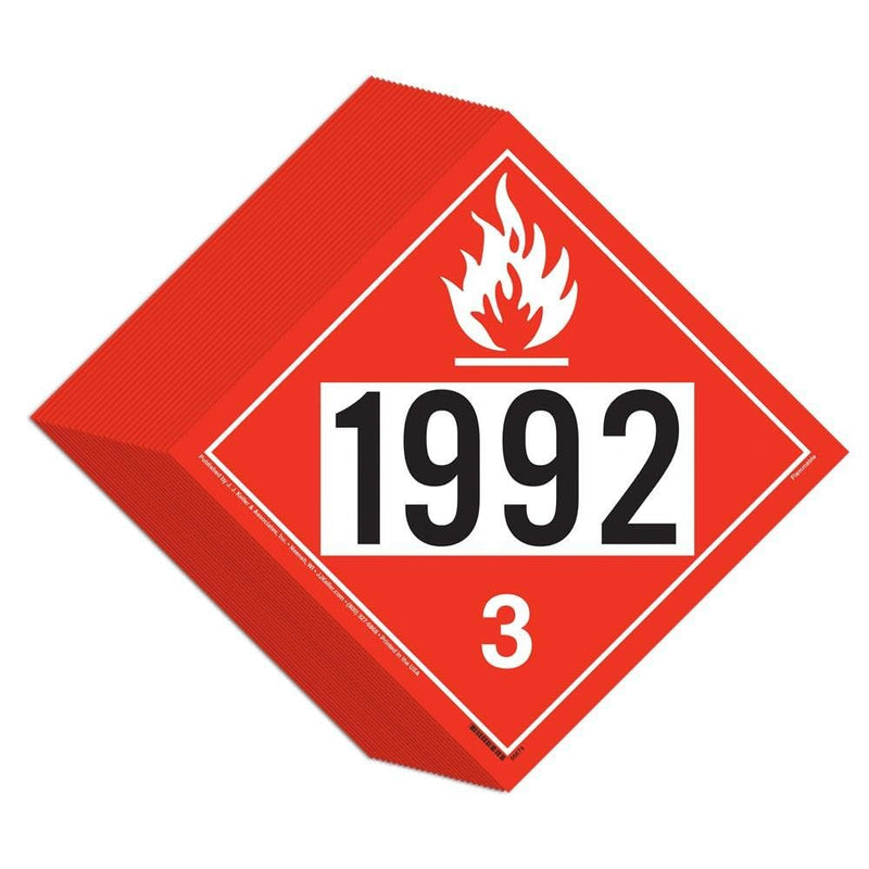 J. J. Keller & Associates, Inc. 1992 Hazmat Placard, Class 3 Flammable Liquid, UN 1992 DOT Compliant, Hazardous Materials Shipping Label, Vinyl Removable Adhesive, 10.75" x 10.75", 25 Pack