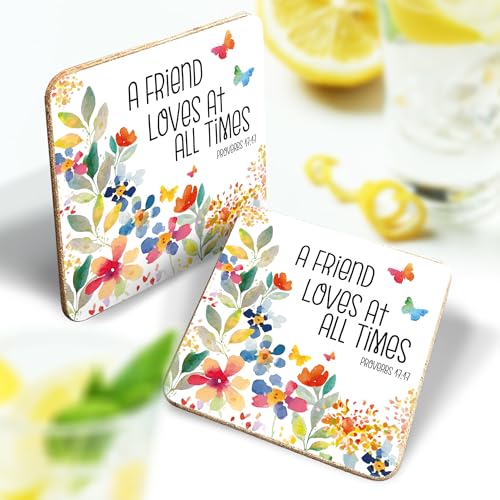 Christian Coasters with Scripture, Set of 6 Cork Coasters, A Friend Loves