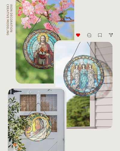 Jesus Stained Glass Window Hanging Plaque, Religious Sacred Suncatcher Ornaments Wall Art for Home Patio Balcony (Religion 1)