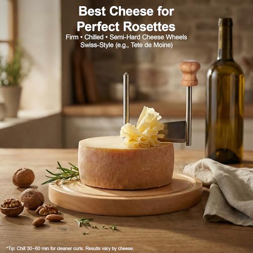 Cheese Curler Wheel, Girolle Cheese Shaver for i.a. Tête de Moine & Chocolate, Steel Cheese Curler with Wooden Base, Cheese Flower Shaver for Boards, Parties, Desserts