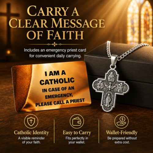 Catholic Four Way Scapular Medal Necklace with Alloy Cross Pendant, 20 Inch Stainless Steel Chain, Emergency Priest ID Card and Gift Box, Sacred Heart, St. Joseph, St. Christopher silver