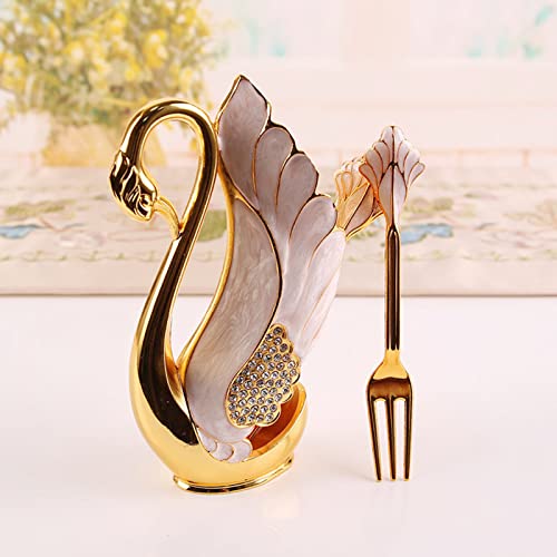 Fdit Swan Base Tableware Set, Gold Alloy Coffee Spoon Fork Holder with Rhinestones Smooth Edge Dessert Utensil Set for Bistro Bar Party (Golden White Fork)
