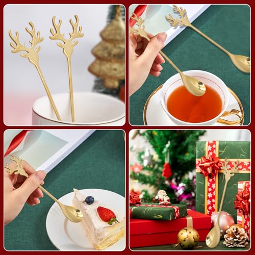 6 PCS Gold Christmas Elk Deer Head Shape Stainless Steel Dessert Spoons (Pack of 2) 6 inch (Pack of 2)