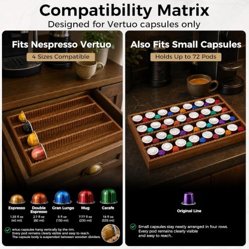 MinBoo Bamboo Coffee Pod Storage Holder Drawer Insert for Counter Compatible Nespresso Vertuo Vertuoline Capsules for Kitchen, Home, Office, Coffee Station Acacia Wood