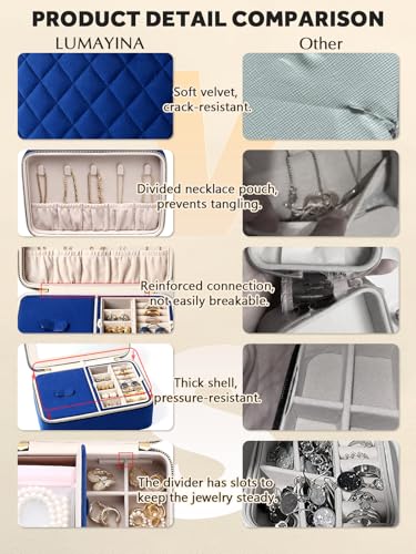 Velvet Travel Jewelry Organizer Case with Large Mirror for Women Navy Blue