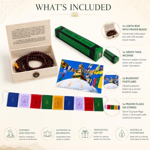 Buddha-Buddha Spiritual Buddhist Gift Set, 108 Prayer Mala Beads in Lokta Box, Green Tara Incense, Tibetan Prayer Flags, Meditation