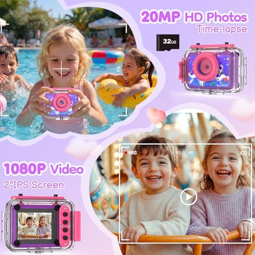 Pool Toy & Kids Underwater Camera - 99FT Waterproof Kid Action Camera 1080P Video&20MP Photo with Flip Lens, Includes 32GB Card for Diving Swimming Beach Snorkeling,Birthday Gift for Girls - GKTZ Dark purple