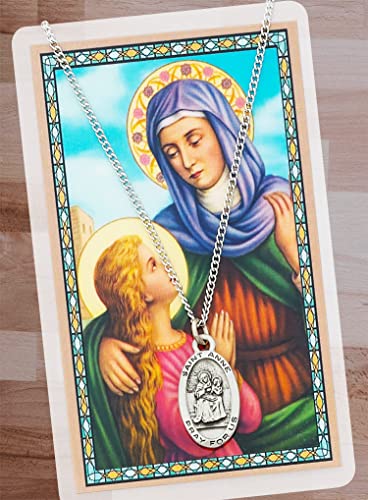 Saint Anne Medallion Necklace with St Anne Prayer Card, Lord's Prayer Card | St Anne Medal Jewelry | Catholic Holy Patron Saint Of Unmarried Women, Mothers, Grandmothers Themed Set, Total 3 Items