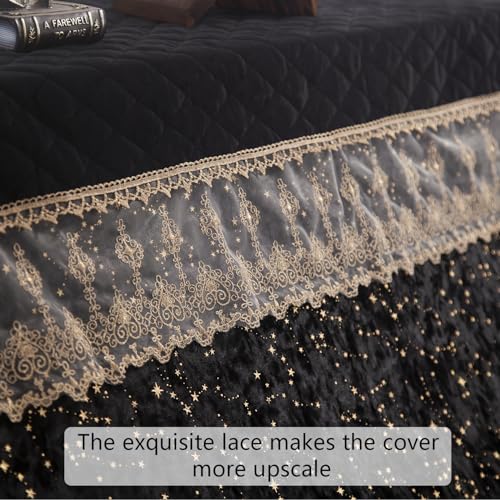 Luxury Velvet Piano Cover for Upright Pianos, Black with Gold Stars and Lace Trim, Quilted Top