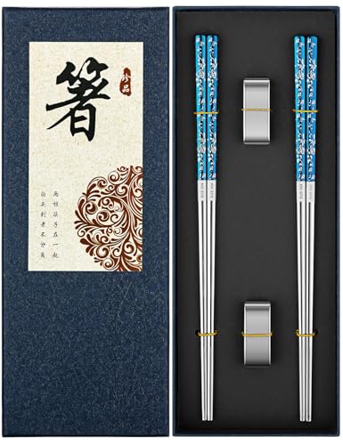 FOFAYU Metal Chopsticks Reusable 2 Pairs Titanium Plated Stainless Steel Chopsticks with Holder, Dishwasher Safe Non-Slip Japanese Style Chop Sticks Present Set (Blue Silver) Blue Silver Floral