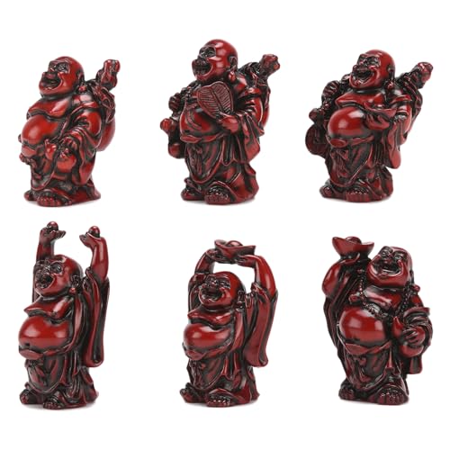 6Pcs 2in Red Resin Laughing Buddha Figurines, Tabletop Lucky Decor 2.5'' Resin Red Set