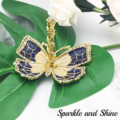 Matashi gold-plated butterfly jewelry organizer with blue enamel and sparkling crystals, featuring multiple tiers for necklaces and earrings.