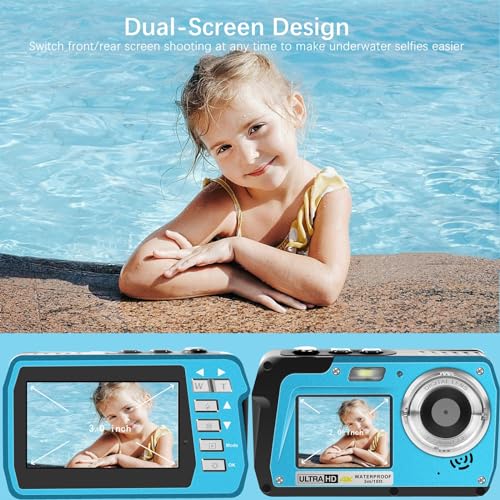 4K Underwater Camera, Full HD 4K&48MP Compact Floatable Camera, 10FT Waterproof Camera for Snorkeling, Surfing, Rafting, Dual-Screen for Selfie/16X Digital Zoom/Fill Light/Support 128GB Card(Blue) Blue