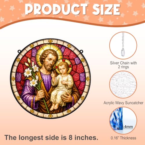 St Joseph Stained Glass Suncatcher, 8" Religious Wavy Acrylic Suncatcher for Windows Hanging, Catholic Gifts Decorations, St. Joseph Patron Gift, Christian Gifts for Men, Dad, Grandpa, Son, Friends