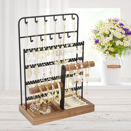 Jewelry Organizer Stand, Necklace Earring Holder with Tray-Black Tray&Black