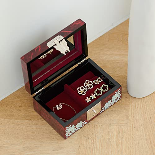MADDesign Mother of Pearl Ring Earring Jewelry Box Peacock Design Red