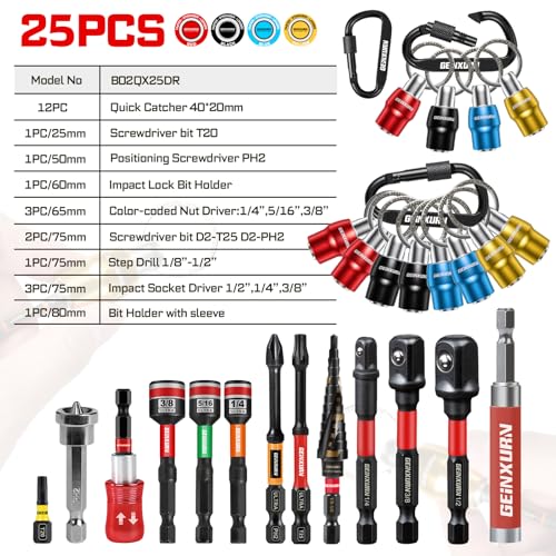Geinxurn 25Pcs Magnetic Drill Bit Holder Keychain Set, 1/4" Hex Shank Quick-Change Bit Extension Aluminum Alloy Screwdriver Bit Holder, Incl. Step Drill, Screwdriver Bits, Sockets Adapter, Nut Driver 25pcs Bit Holder Keychain Set