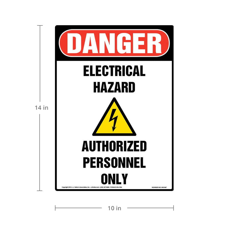 Danger: Electrical Hazard, Authorized Personnel Only Sign, 10" x 14" Permanent Self Adhesive Vinyl with Rounded Corners, OSHA Compliant, J. J. Keller & Associates, Inc. 10" x 14"