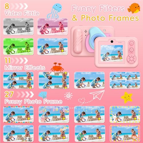 Underwater Camera for Kids - IP68 Waterproof Camera, 48MP Dual Lens, 1080P Video Recording, Toddler Camera for Pool & Beach, Ideal Christmas Birthday Gifts for Boys Girls Age 3-12(Cute Pink) Cute Pink